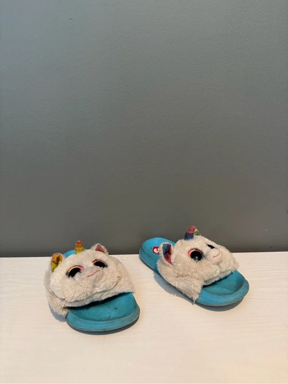 Ty Plush Unicorn Slide Sandals - Blue and White with Rainbow Horns